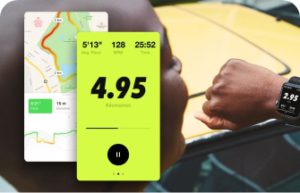 A person looking at their smartwatch, with a map and a distance of 4.95km overlayed in front of them