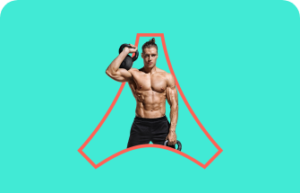 A shirtless man lifting a kettle bell in front of a light blue background